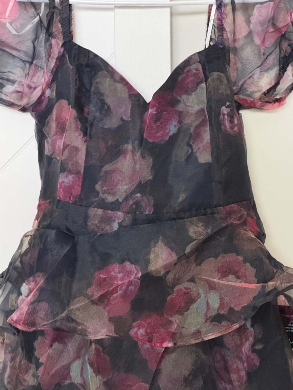 Lulus Navy Floral Organza Tiered Midi Dress Puff Sleeve Size XS NWT - Picture 6 of 10